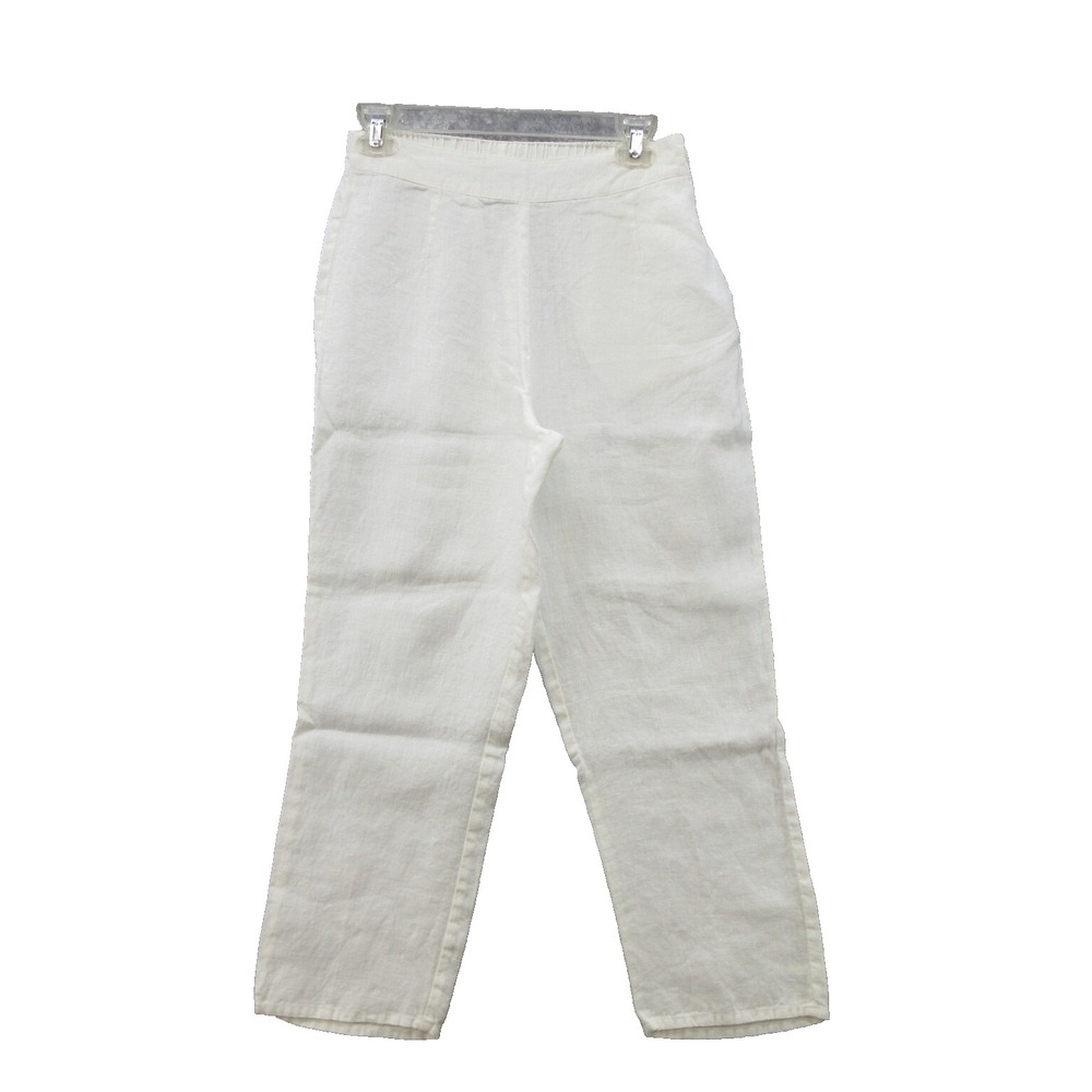 FLAX Designs Linen Pants XS White Elastic Waist With Side Button New